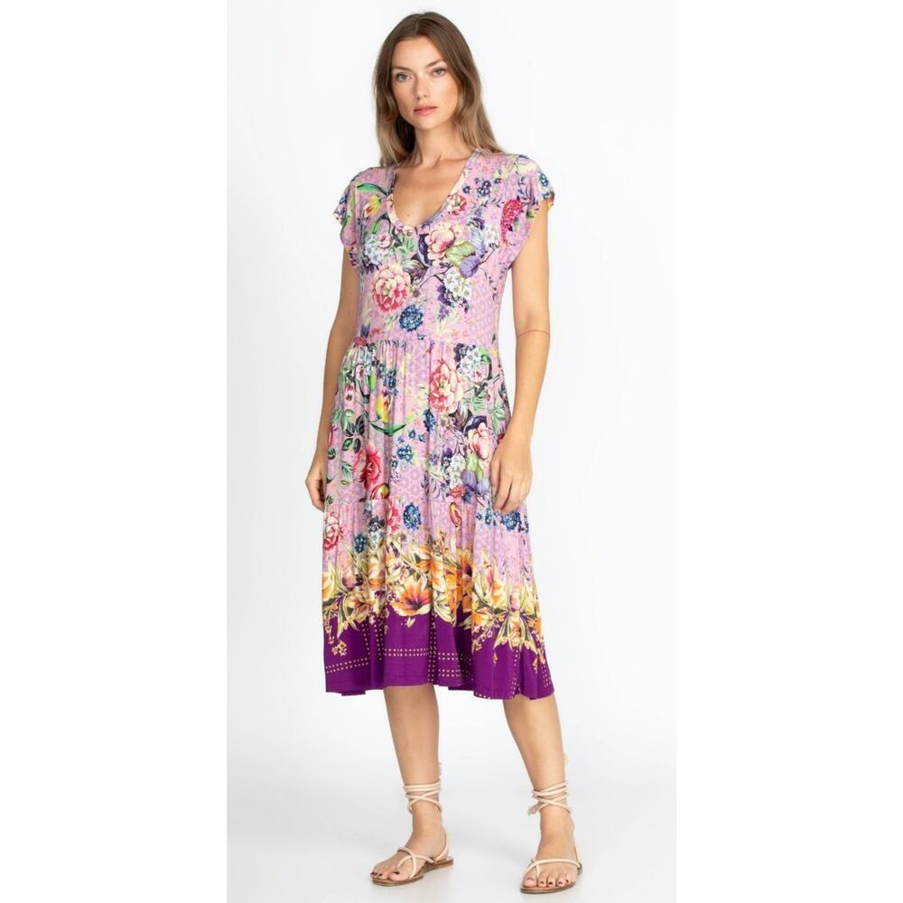 JOHNNY WAS Topiary Tiered Tea Length Dress Floral V Neck Midi Bamboo Pink | M